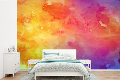 Produktbild von MuchoWow® Fototapete für Wohnzimmer oder Schlafzimmer Wandtapete Vinyl Motivtapete Aquarell - Orange - Rosa - 525x350 cm - Das Hintergrundbild