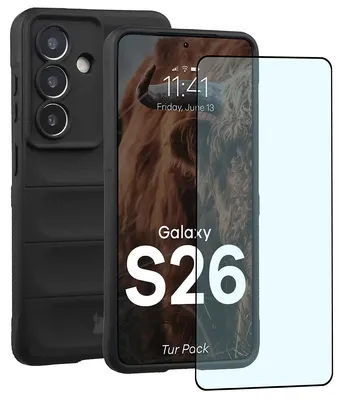 Produktbild von Robuste Handyhülle + gehärtetem Glas für Galaxy S26, Bizon Tur Pack, Schwarz