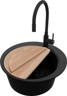 Produktbild von PRIMAGRAN Granitspüle Alles Schwarz 50x50cm, Spülbecken Rund 1 Becken + Ablauf-Set + Küchenzubehörset, Küchenspüle ab 45er Unterschrank - Pisa
