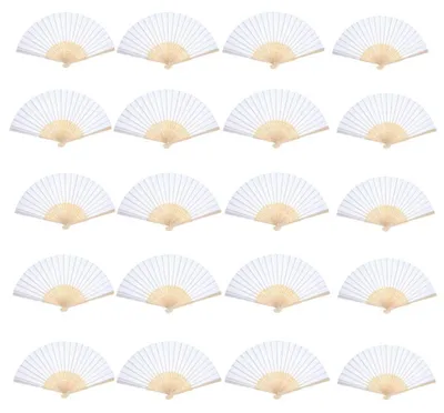 Obrázok produktu pre Ručný, skladací ventilátor – doplnok na letné oslavy – 20 kusov – biely – darček k narodeninám – vhodný na svadby a cestovanie – papier, bambus