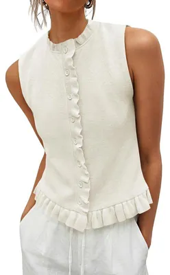 Produktbild von Ärmelloses Stricktop mit Rüschen und Knopfleiste für Damen – Trendiges Sommer-Ausgeh-Top