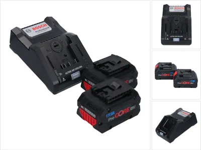 A Bosch professional battery charger and two ProCORE 18V batteries are displayed on a white background, with smaller inset images showing individual components.