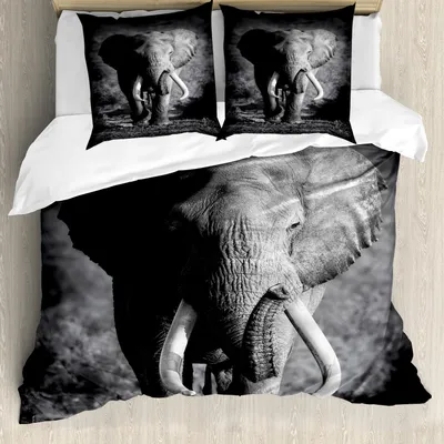 Produktbild von ABAKUHAUS Elefant Bettbezug Set, Majestätische Elefant Stier Nähert Foto Exotischen Wilden Lebensraum Säugetier Kunstdruck, 200 x 200 cm + 80 x 80 cm, Grau