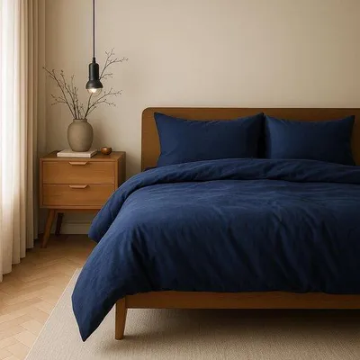 Obrázek produktu pro Sada bavlněné povlečení tmavě modré barvy Unyqoos® – 135 x 200 cm – 1x prostěradlo + 1x povlak na polštář 80 x 80 cm, skrytý zip, 100% bavlna