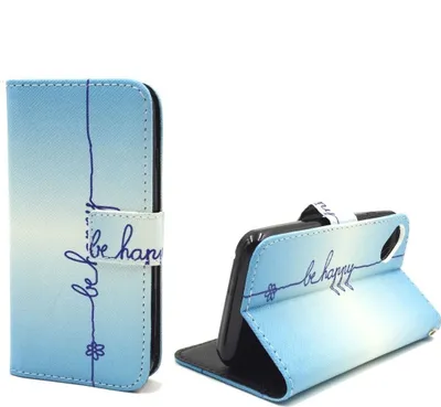 Produktbild von Handyhülle Tasche für Handy Wiko Sunset 2 Schriftzug Be Happy Blau