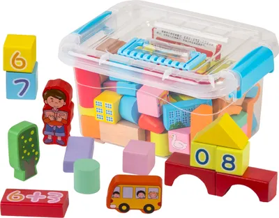 Obrázek produktu pro Dřevěné barevné kostky v kontejneru 53 kusů
