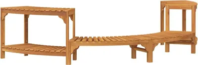 A wooden garden bench with a tiered shelf unit attached.