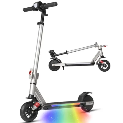 Produktbild von Klappbarer Kinderroller ab 10 Jahren – 14 km/h, bis 15 km Reichweite,höhenverstellbar, mit buntem LED-Licht,EBS & Fußbremse,LED-Display,Silber
