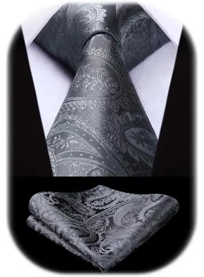 Produktbild von Herren Krawatten und Einstecktuch Set Paisley Einfarbig Grau Einheitsgröße