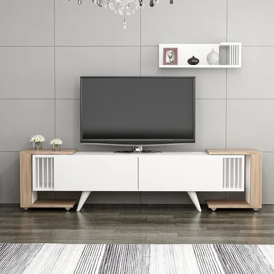 Produktbild von TV Schrank Glostrup TV Lowboard mit Wandregal TV Board Set mit 2 Beistelltischen Fernsehtisch mit Stauraum Wohnzimmer Eiche-Optik Weiß