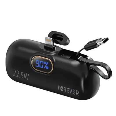 Produktbild von Forever, 5000mAh powerbank Złącze Lightning + zintegrowany kabel USB-C, czarny
