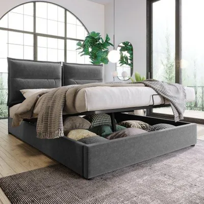 Image de Lit coffre hydraulique avec tête de lit réglable, 140 x 200 cm, structure en métal, revêtement en velours, lit coffre moderne avec grand espace de rangement, gris, sans matelas
