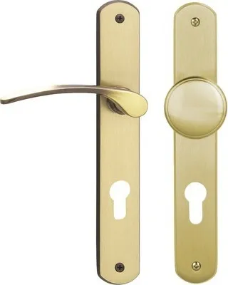 Produktbild von Langschildgarnitur Amos messing/brüniert/satiniert PZ mit Knopf + Drücker für Wohnungseingangstür rechts