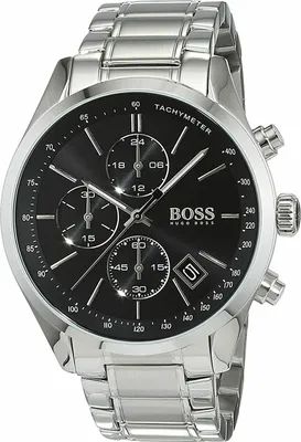 A close-up studio shot of a Hugo Boss men's chronograph watch with a black dial and silver stainless steel band.