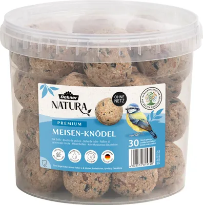 Produktbild von Dehner Natura Premium Meisenknödel ohne Netz, ganzjähriges Wildvogelfutter proteinreich / energiereich, hochwertiges Vogelfutter für Wildvögel, im Eimer, 30 Stück je 90 Gramm (2.7 kg)
