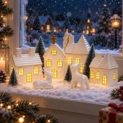 Image de Village de Noël en céramique - Avec éclairage et télécommande - 16 pièces - Blanc