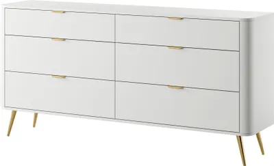 Produktbild von Selsey Kommode Weiß, 6 Schubladen, 84x172x38 cm (HxBxT), Korpus & Fronten aus Kronospan Laminat, goldene konische Metallfüße aus pulverbeschichtetem Stahl, goldene Metallgriffe, mit Bodenschutzgleitern, Selbstmontage, kinderfreundlich, vielseitig für Schlafzimmer, Wohnzimmer & Flur