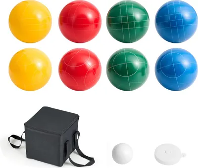 Image de Set de pétanque SucceBuy avec 8 boules en résine (107 mm), boule cible, sac de transport (noir) et corde de mesure, rouge/vert/bleu/jaune, convient pour 2 à 8 joueurs, set de jeu idéal pour la plage, le jardin et les activités de plein air
