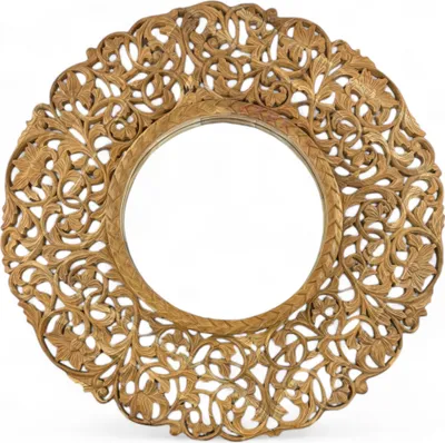 Produktbild von Teakholz Spiegel – Hängespiegel Wandspiegel – Handgeschnitzes Muster – 108 cm