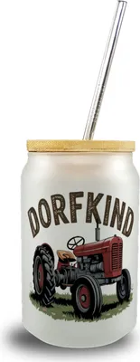 Produktbild von Roter Traktor Dorfkind Trinkglas mit Bambusdeckel