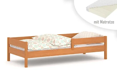 Produktbild von Kinderbett 180x80 Kinderbett mit Rausfallschutz & Lattenrost Teak 80 x 180 für Mädchen und Jungen Massivholz Kiefer und MDF Möbelplatte, mit Matratzen, ohne Schubladen