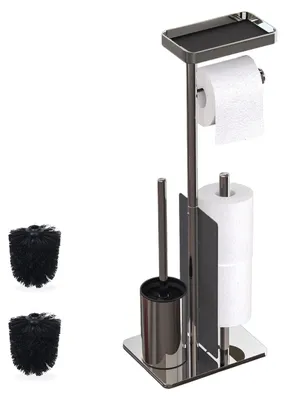 Immagine prodotto di Set da bagno Relaxdays, acciaio inossidabile, ripiano e portarotolo, da appoggio, DxLxA: 75x22x20 cm, Toilettenbutler, argento/nero