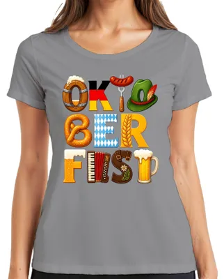 Productafbeelding van , bier, Beieren, pretzel, lederhosen, Wiesn, dirndl, München, mout, dames T-shirt, grijs, maat L