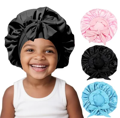 Image de Lot de 3 bonnets de nuit pour enfants - Bonnet en satin pour cheveux bouclés