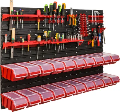 Immagine prodotto di Sistema di stoccaggio Scaffale da officina | 117 x 78 cm | 20 pezzi. Scatola | Scaffale a muro con contenitori impilabili - Pannelli a muro Scaffale extra resistente Scaffale portautensili Scaffale da officina Scaffale da garage