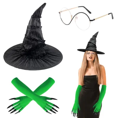 Imagen del producto de Conjunto de accesorios de bruja, que incluye un sombrero de bruja, unas gafas, unos guantes verdes con forma de garras y un disfraz de Halloween