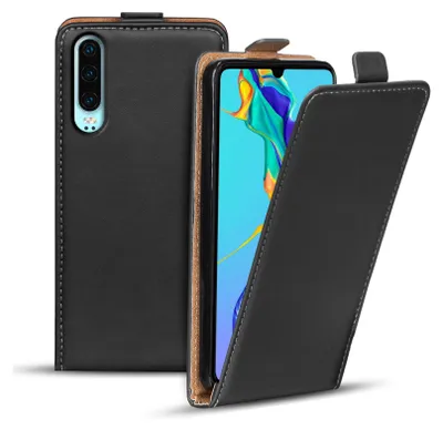 A black flip case for a Huawei P30 phone is shown with the front cover open.