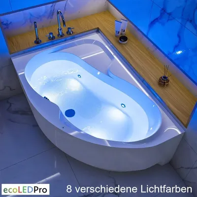 Produktbild von ECOLAM® Badewanne LED Beleuchtung WELA 160x100 cm LINKS | Eckwanne Antirutsch Beschichtung | Unterwasserbeleuchtung 8 Farben | Schürze Ablaufgarnitur