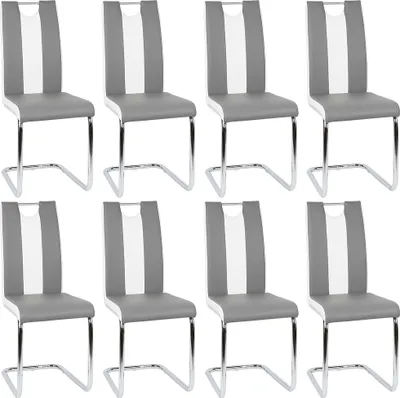 Produktbild von 8er set Esszimmerstühle Freischwinger Küchenstuhl, Polsterstuhl, Stuhl Esszimmer Kunstleder Weiß+Grau