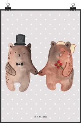Produktbild von Mr. & Mrs. Panda Bild Bär Heirat DIN A2 - Grau Pastell - Geschenk, drucke, Verheiratet Heirate Hochzeit Hochzeitsgeschenk Hochzeitspaar, Teddy, wanddeko, Wandbild
