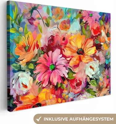 Produktbild von MuchoWow® - Leinwandbilder - Blumen - Farbenfroh - Kunst - Ölgemälde, Wandbild, Wanddeko Bilder Wohnzimmer, 40x30 cm