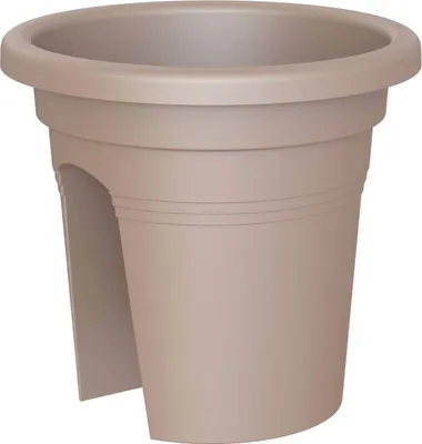 A taupe-colored plastic railing planter pot.