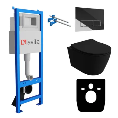 Produktbild von Lavita LAV 101 Vorwandelement für WC 40cm + Wand Hänge Tiefspül WC PRAIA Schwarz Spülrandlos + Bedienplatte LAV 200.3.2 Verchromt | Komplettset | Unterputz Spülkasten | Toilette Komplett Sett