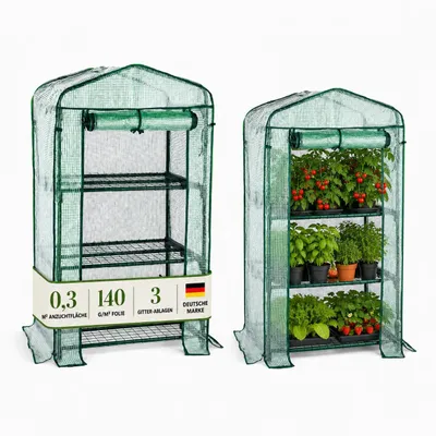 Produktbild von TOM Folien Gewächshaus | 0,3 m² | 140g/m² | Gitterschutzfolie | Wasserfest | UV-Beständig | integrierte Gitterablagen | Erdanker