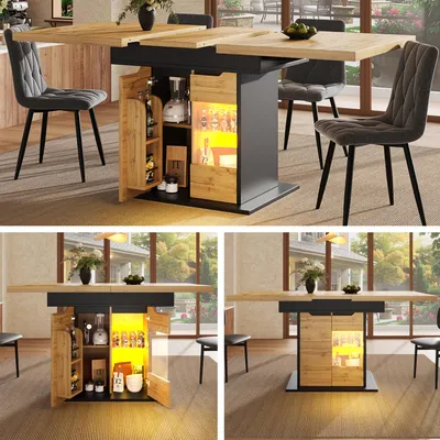 Image de Table télescopique extensible 110-140 x 80 cm – table de cuisine pliante avec éclairage LED et tablette pour collations, peu encombrante, pour 4 à 6 personnes
