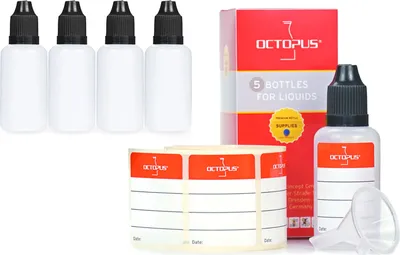 Image de 5 flacons en plastique 30 ml LDPE, G14, compte-gouttes, bouchon noir, 1 mini-entonnoir
