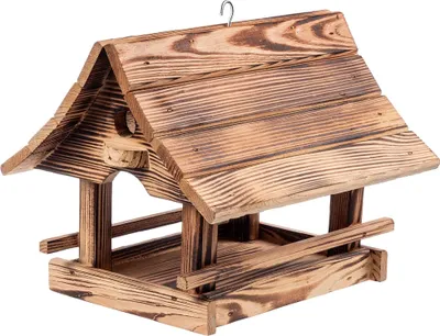 Image de Mangeoire et nichoir - Maison en bois - 30 x 25 cm - Bois flammé - Pour l'extérieur