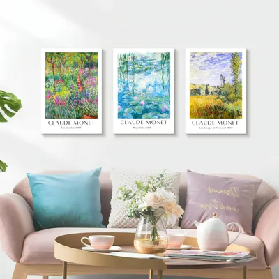 Obrázek produktu pro Sada dřevěných rámů, 3 kusy, rozměry 40x60x3 cm, moderní obraz s motivem leknínů na plátně, dekorace na zeď do obývacího pokoje