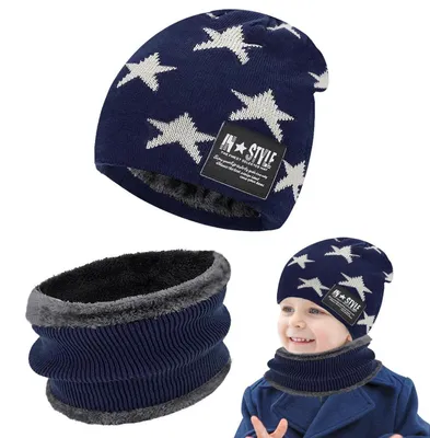 Immagine prodotto di Set di berretto e sciarpa invernali per bambini, fodera in pile, colore blu, taglie da 5 a 15 anni