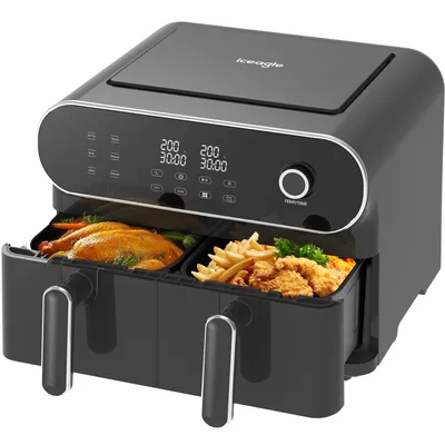 Produktbild von iceagle Heißluftfritteuse AFT11001 Heißluftfritteuse 11L Doppelkammer mit Drehknopf, 5 Kochprogramme, digitales Display, mit Knopf, Schwarz