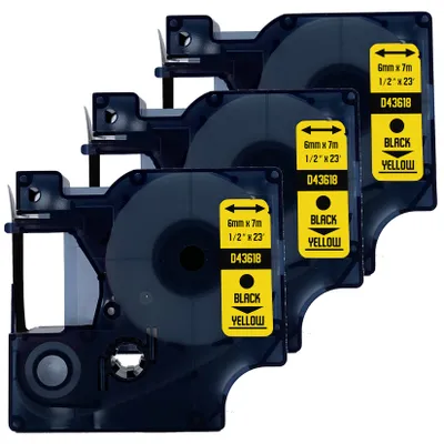 Produktbild von DULA Etikettenband - Kompatibel mit Dymo D1 43618 - 3 Stück - Schwarz auf Gelb - 6mm x 7m