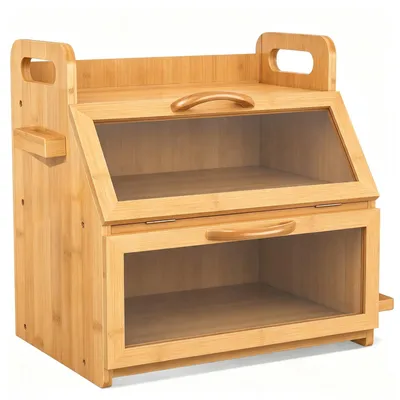 Produktbild von 2 Etagen Bambus Brotkasten mit Sichtfenster, Großer Brotbox, Holz Brotbehälter für Hörnchen, Brötchen, Brotaufbewahrung Küche, 38 cm x 28 cm x 39 cm