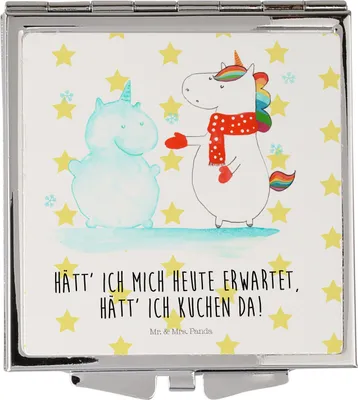 Produktbild von Mr. & Mrs. Panda Schminkspiegel Einhorn Schneemann - Weiß - Geschenk, Unicorn, Schnee, Kosmetikspiegel, Taschenspiegel, Winter, Kuchen, Weihnachten, Kleiner Spiegel