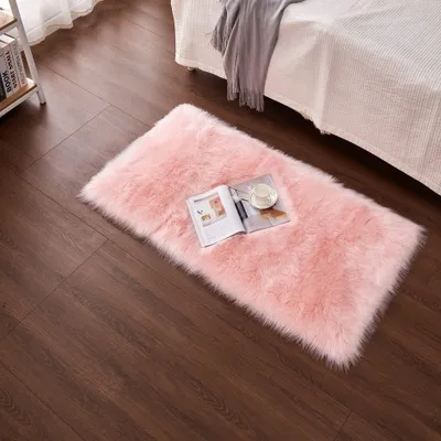 Productafbeelding van Imitatie schapenvacht vloerkleed, zacht, 50 x 150 cm, roze, geschikt voor woon- en slaapkamer