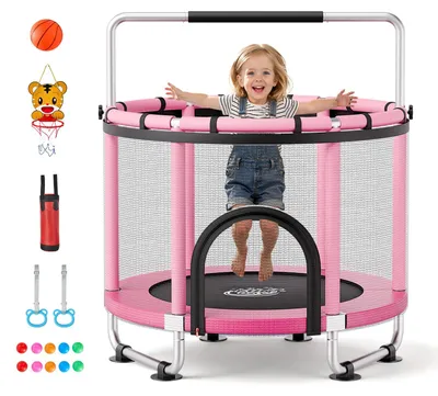 Produktbild von Trampolin für Kinder - Mini Gartentrampolin - Mit Sicherheitsnetz - Mit Haltestange - Mit Basketballkorb & Sandsack - Indoor & Outdoor - Pink