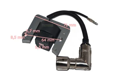 A close-up shot of a lawnmower ignition coil with dimensions indicated by lines and text.